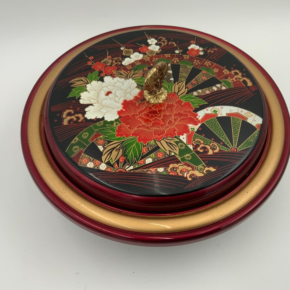 Vtg Republic of China Lazy Susan Lacquer Lidded Footed Serving Tray Fish Handle